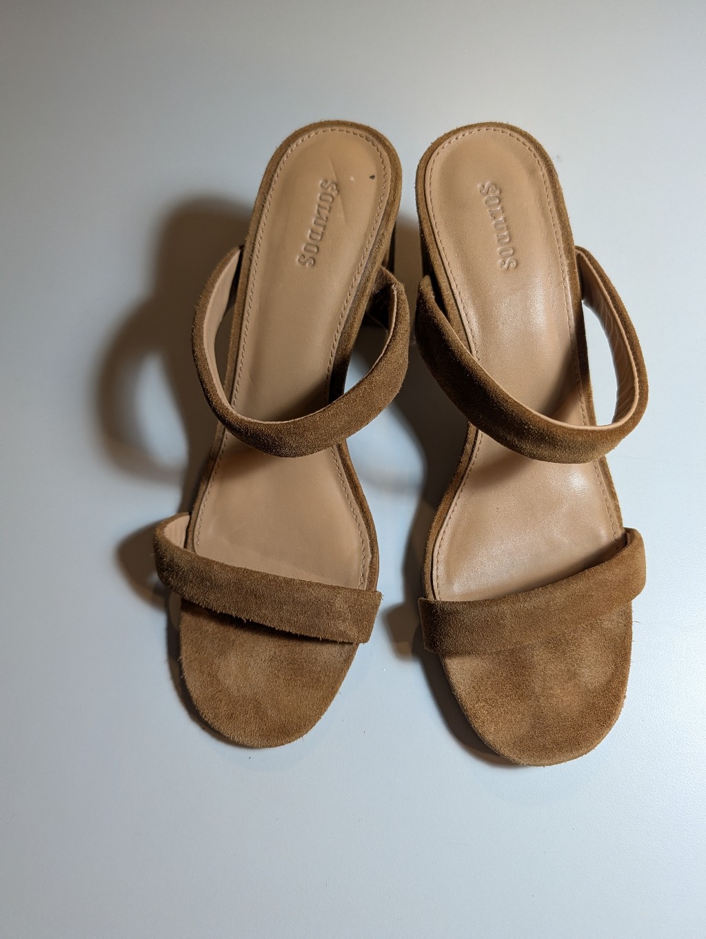 Soludos Walnut Ines Brown Suede Two-Strap Heeled Sandals